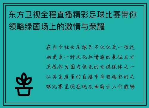 东方卫视全程直播精彩足球比赛带你领略绿茵场上的激情与荣耀